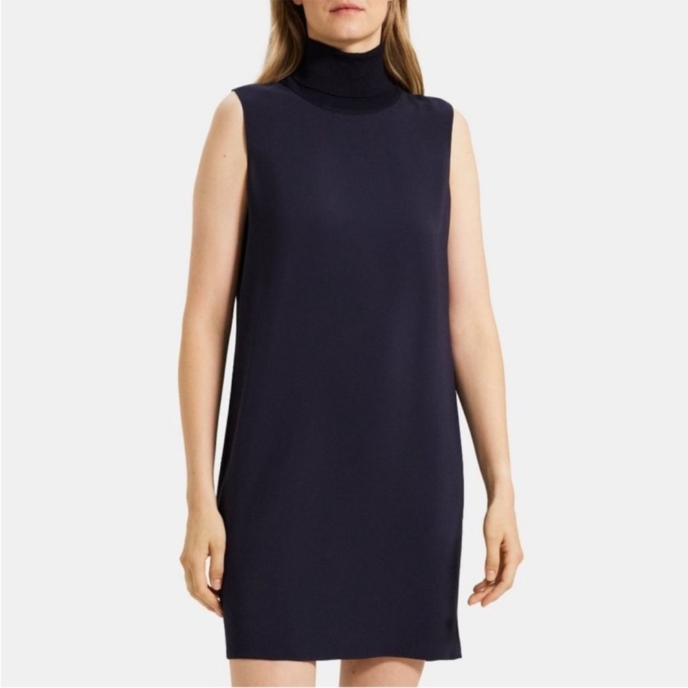 Theory Shift Dress - roll knit turtleneck with navy crepe dress,
